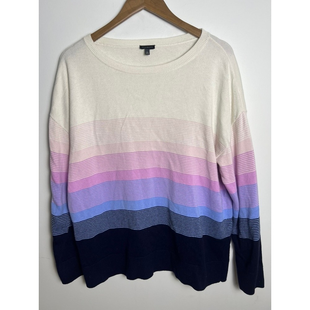 Talbots Wm XL Striped Crewneck Sweater Pink Purple Navy Blue Knit Pullover Chic